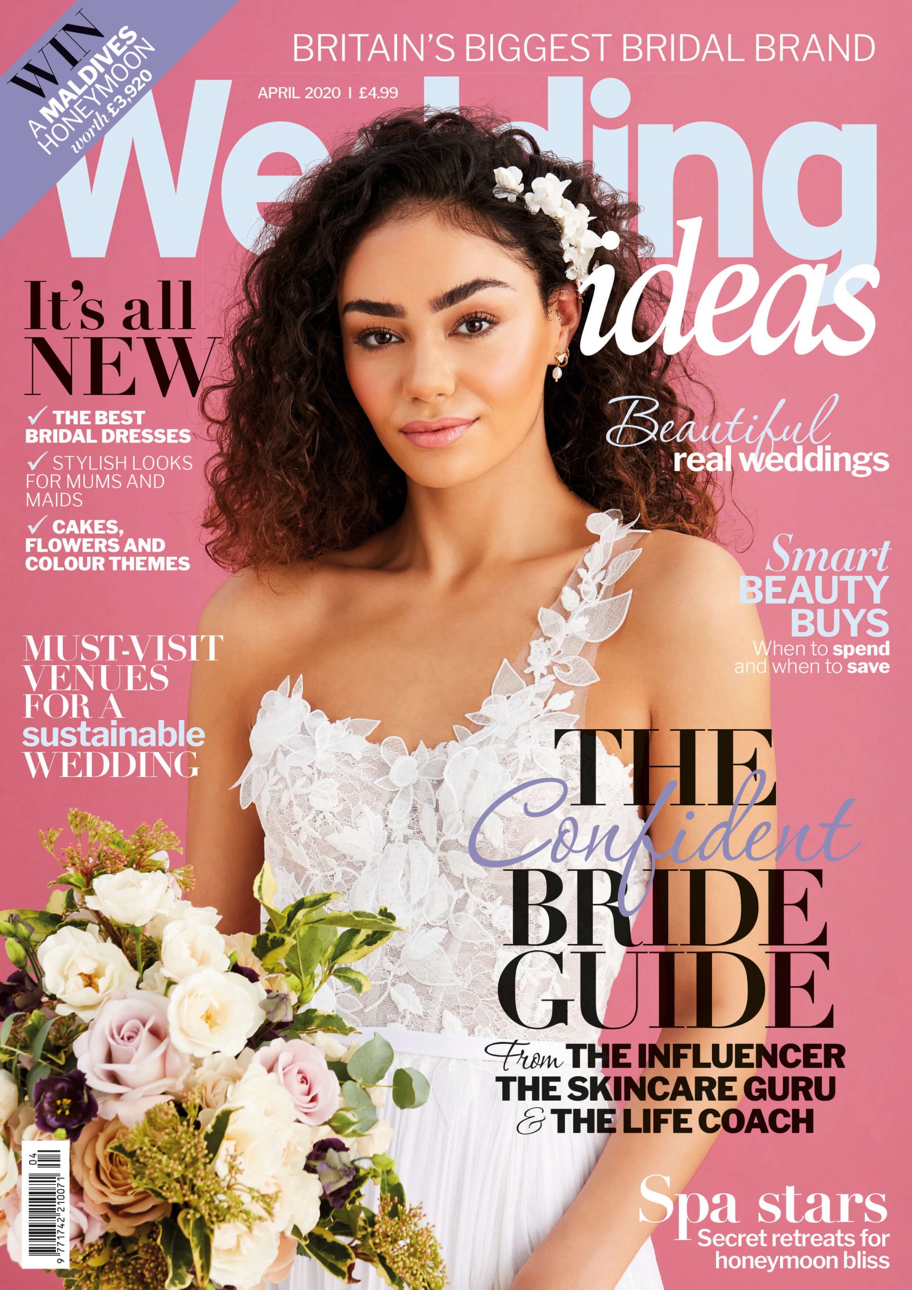 The April cover of Wedding Ideas styled by Pierre Carr and features model Maya Patrick